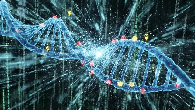 DNA Structure with Data Stream - A close-up shot of a blue DNA double helix structure with digital binary data flowing in the background.