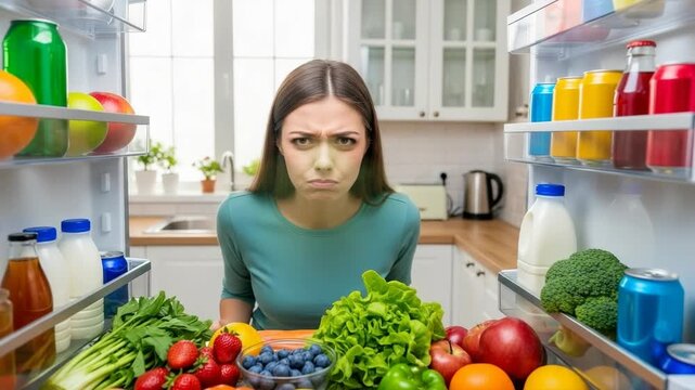 Young caucasian woman opens her fridge to an awful smell. Disgusted female reacting to rotten food and spoiled produce. Unpleasant odor in a modern kitchen setting