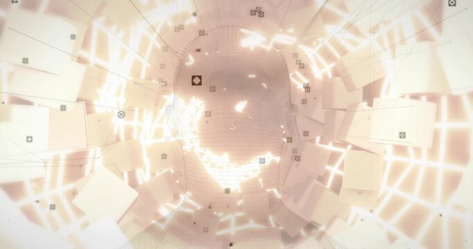 Floating markers starting grid scanning 3D head and detaching cubes spiraling showing fragmentation