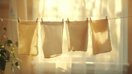 Sunlit, linen cloths hang on a clothesline with wooden pins; soft light and background blur