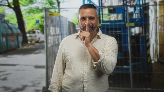 Man with finger to lips for silence on street near construction fence and parked car; playful secret.