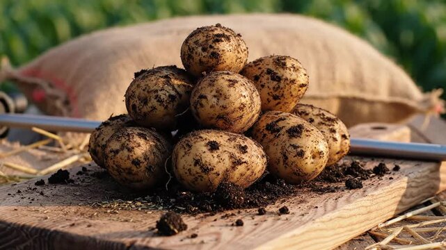 Stack of freshly harvested dirt-covered potatoes arranged on a rustic wooden surface outdoors