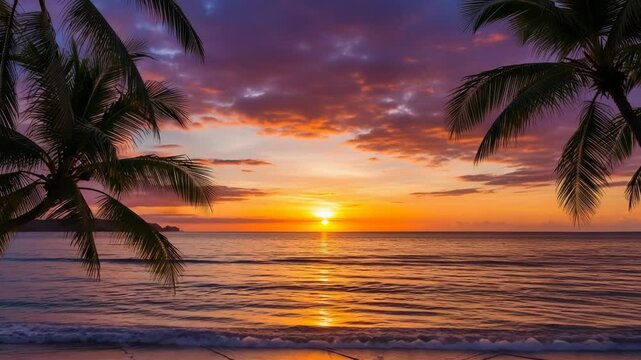 Panoramic sequence of a vibrant tropical sunset over the sea. Palm tree silhouettes frame the colorful evening sky and calm ocean waves on a beautiful sandy beach