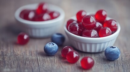 Still-life of red jelly candies & blueberries in white bowls on a rustic wood surface