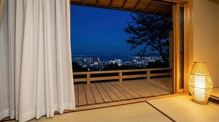 Naklejka premium Online Presentations Backdrop, Video Conferencing, Zoom Virtual Meetings Backgrounds, Japanese Tatami Room, Night City View, Modern Zen Interior, Peaceful Evening Atmosphere, Home Office, Copy Space