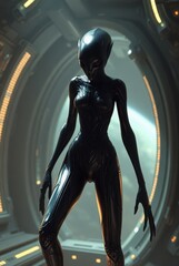 Bio-organic female alien character with elongated head in space station