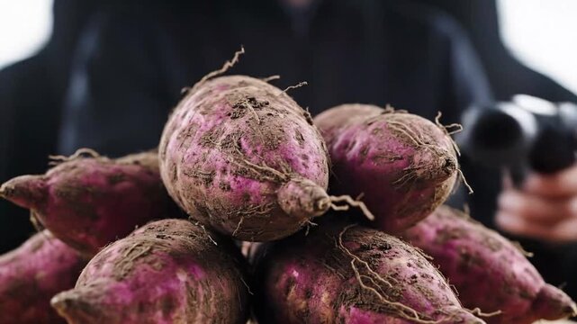 Collection of fresh beetroots with dirt and roots, showcasing vibrant purple hues and organic textures for healthy food and