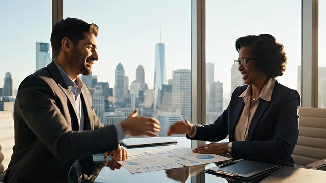 Business Meeting Highrise - A diverse man and woman are in a business meeting at a table with financial charts laid out, with a panoramic skyline view from a highrise office.