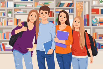 Fototapeta premium Group of happy students standing together in a library while holding books and smiling.