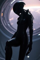 Dark extraterrestrial biological entity with feminine form in spaceship interior