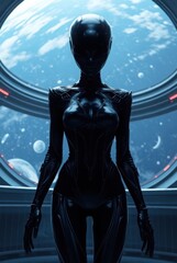 Mysterious shadow creature woman standing in futuristic technological environment