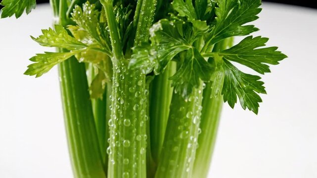 Close-up of fresh green celery stalks with water droplets on vibrant leaves in a natural setting
