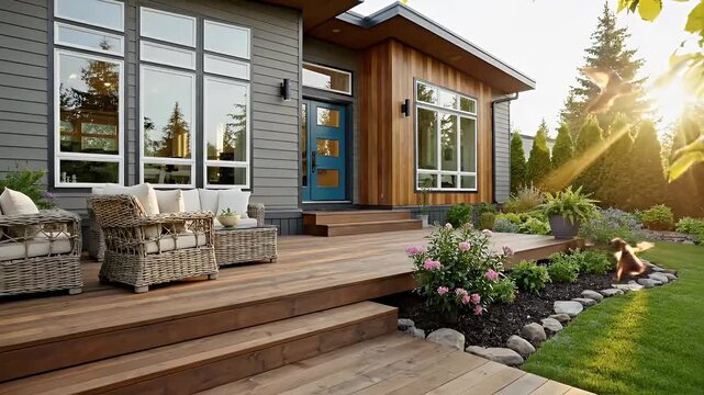 Modern Home Exterior with Deck and Landscaping - This video showcases the exterior of a modern house featuring a wooden deck with wicker furniture.