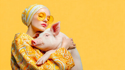 Fototapeta premium Femme avec lunettes tenant son cochon rose de compagnie dans ses bras 