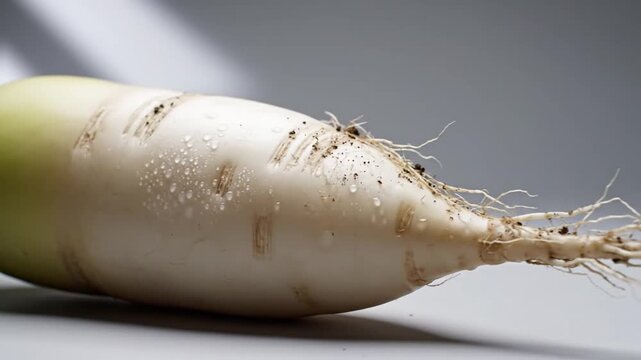 Close-up Sequence of a Fresh Radish Uncovering Its Roots and Surface Texture in a Detailed Visual Presentation