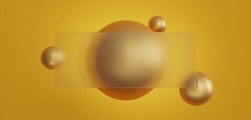 Yellow abstract background with a huge golden sphere on the middle. Horizontal glass morphism website landing page template. Matt glass with metallic levitating spheres. 3d rendering
