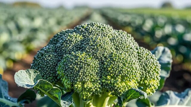 Vivid broccoli head growing in a lush field under bright sunlight cultivating fresh green vegetables for healthy eating