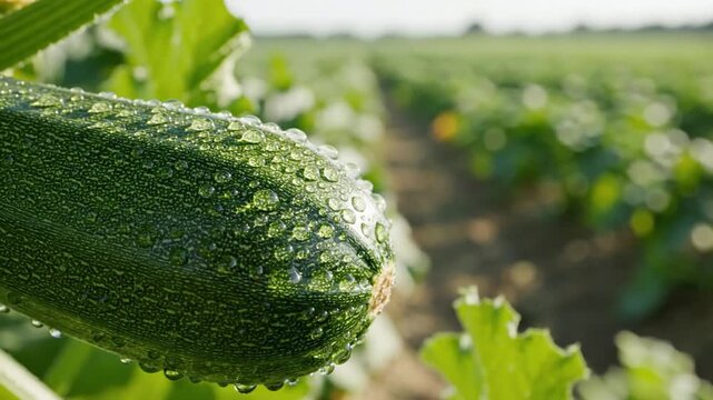Close-up of a lush zucchini squash covered in dew drops in a vibrant vegetable field
