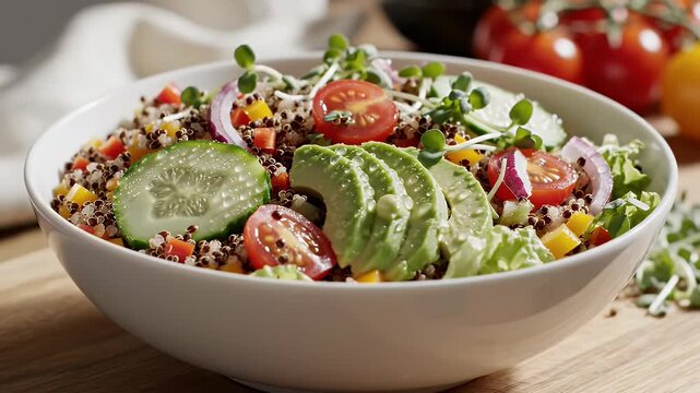 Fresh Quinoa Salad with Avocado - A close-up shot showcases a vibrant quinoa salad, featuring sliced avocado, cherry tomatoes, cucumber, red onion, sprouts, and colorful peppers in a white bowl.
