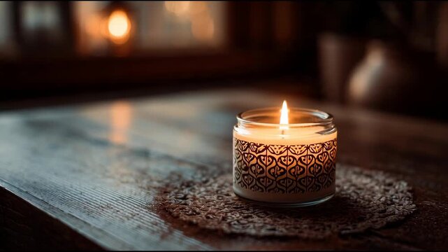 A lit candle on a decorative mat sits on a wooden table in a dimly lit room with a blurred background of 1 (9)_prob4.mp4 scene