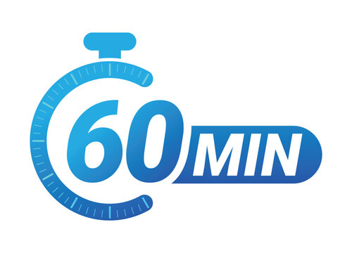 Sixty minutes countdown timer with stopwatch symbol on white background. Clean modern vector logo illustration for productivity and time management.