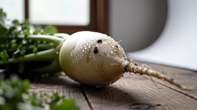 Close-up of freshly harvested turnip with water droplets on wooden surface lit by natural light
