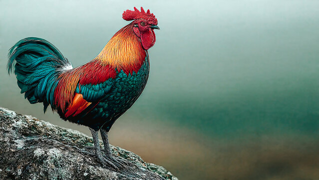 Coq debout sur un rocher