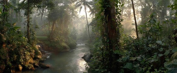 Fototapeta premium Lush tropical river flowing through a dense rainforest