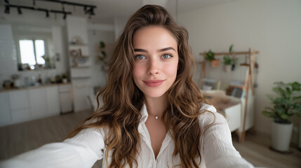 Fototapeta premium A high-quality lifestyle portrait of a beautiful young woman with blue eyes and long wavy hair taking a selfie in a modern, bright, and clean home studio or kitchen setting.