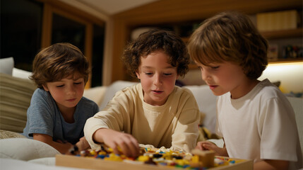Obraz premium A dynamic children's playroom is filled with interchangeable toys, emphasizing creativity and imaginative play through various configurations that promote learning and entertainment. cinematic