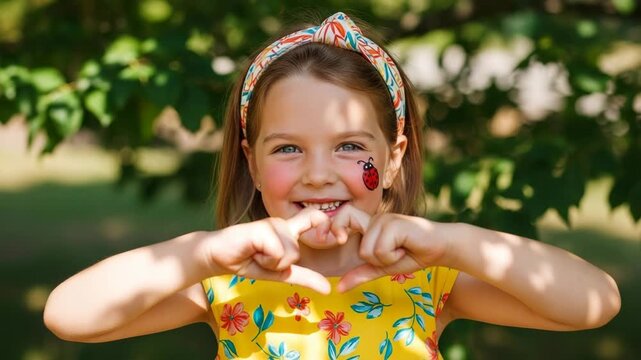 Adorable little girl with a ladybug painted on her cheek shows a love gesture. Cheerful female child making a heart symbol with her fingers on a summer day outdoors