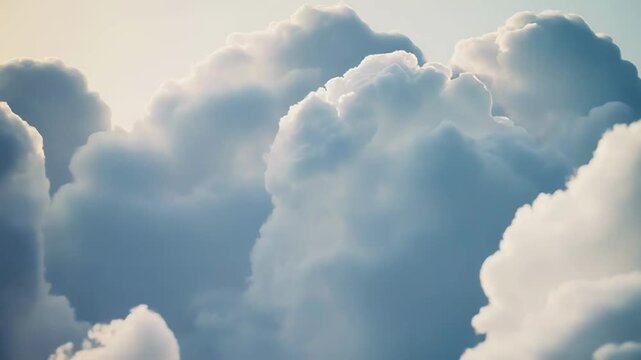 Large cumulus clouds drift across a soft pastel blue and yellow sky, forming a serene, ethereal background with gentle light and ample copy space for design use