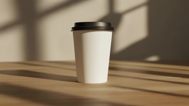 Disposable coffee cup on a wooden table with sunlight shadows.