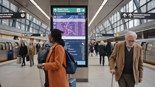 People at a Modern Train Station - This video shows passengers at a modern train station, with some looking at a digital schedule board.