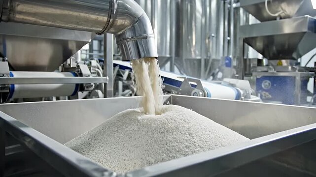 Rice Processing in Factory - Rice grains being processed and transferred through a stainless steel pipe into a large container at a food processing plant.