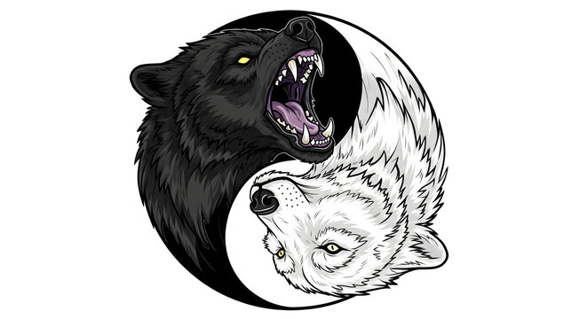 Dynamic Illustration of Primal Duality Ferocious Black Bear and White Wolf Embodying Aggressive Yin Yang Balance, Symbolizing Strength and Wild Nature
