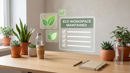 Fototapeta premium Eco friendly office workspace with plants and sustainable elements promoting green environment