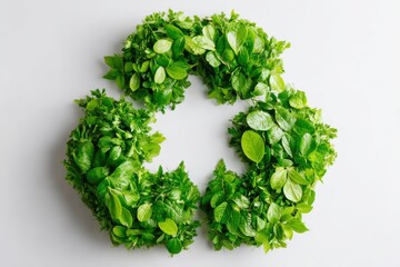 Recycling symbol made of green leaves on a clean white background