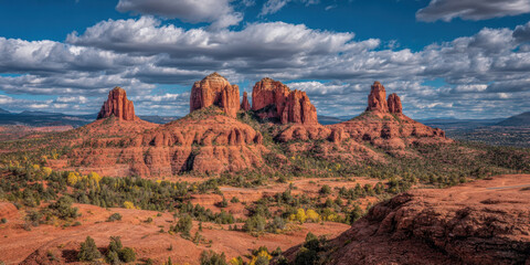 Spectacular red rock formations under a cloudy sky landscape