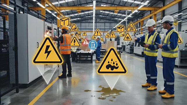 Factory Safety Hazards - video showing workers in a factory with various hazard symbols overlayed, including electrical hazards, slippery surfaces, and falling objects.