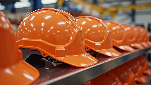 Orange Hard Hats on a Shelf - A row of orange hard hats are neatly lined up on a reflective metal shelf. The focus is on the second hard hat, showcasing its glossy surface and details.