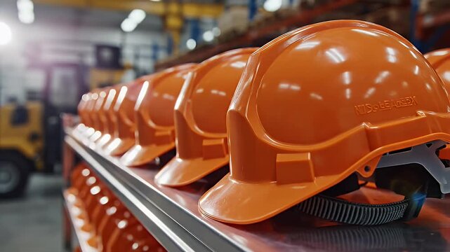 Hard Hats on Shelf in Warehouse - Row of orange hard hats sitting on a metal shelf in a warehouse. The helmets are new and ready for use, with a forklift visible in the blurred background.