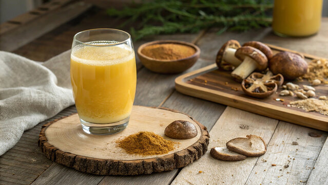 Glowing golden apoptogenic mushroom elixir in sleek glass rests on rustic wood,