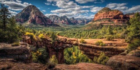 Scenic landscape with a natural rock bridge, a view of mountains and lush nature