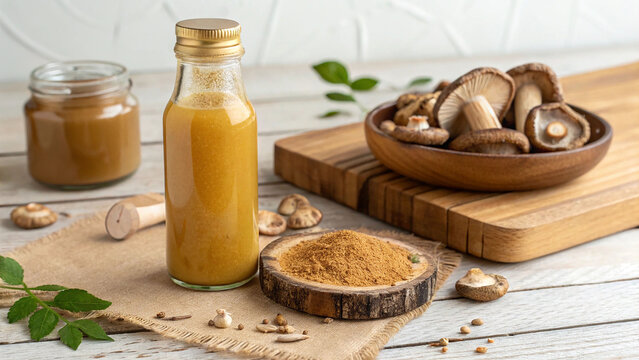 Glowing golden apoptogenic mushroom elixir in sleek glass rests on rustic wood, powder and shiitake evoking wellness