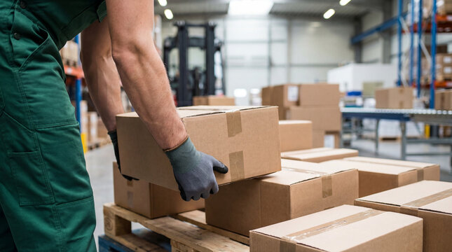 Warehouse Packaging and Order Fulfillment Concept: Worker handling cardboard boxes in a distribution warehouse, symbolizing logistics, storage, and shipping operations.
