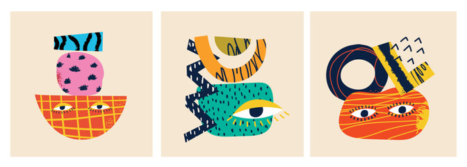 Abstract Modern Faces with Geometric Shapes and Surreal Eyes Vector Se