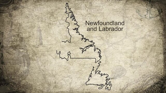 Newfoundland and Labrador map drawn on a cartography background sheet of paper