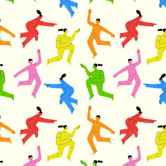 Seamless Pattern with Flying People Characters in Modern Flat Style
