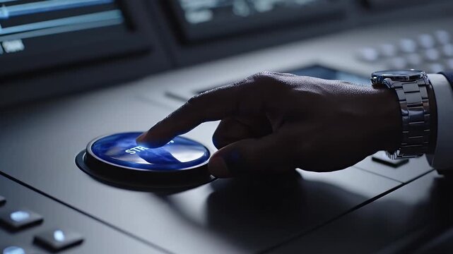 Activating Business Strategy - A hand presses a large, illuminated "Strategy" button on a control panel. The person is wearing a suit and a silver wristwatch.